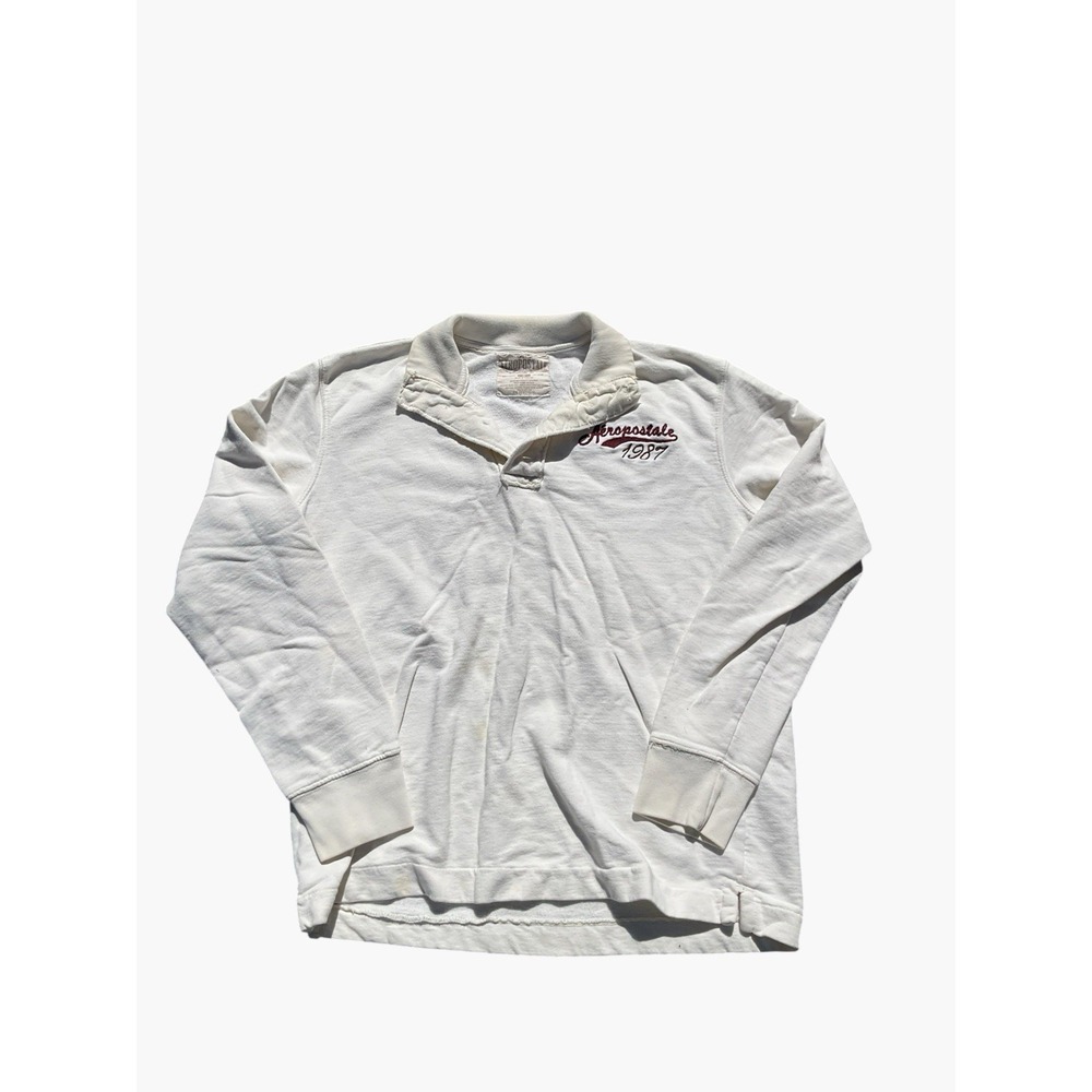 Vintage Y2K Aeropostale Henley Long Sleeve Shirt Men M Cream Faded Embroidered